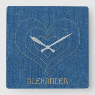 Blue Denim Jeans Fabric 3 Hearts Personalised Name Square Wall Clock