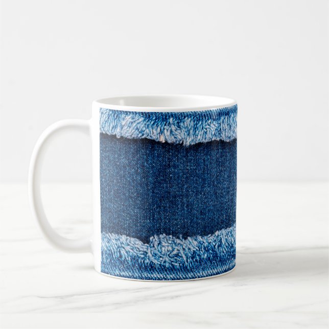 Blue denim jeans fabric texture coffee mug (Left)