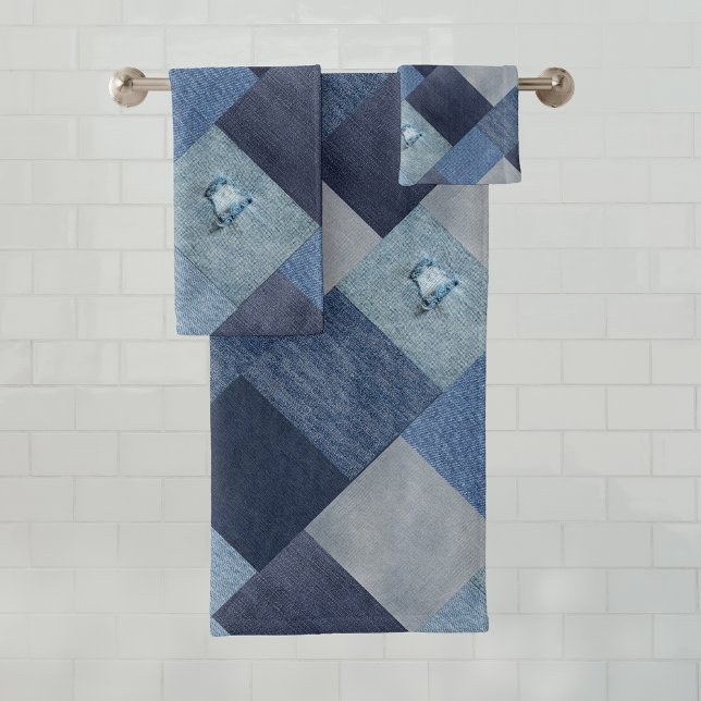 Blue Denim Jeans Patchwork Bath Towel Set (Creator Uploaded)