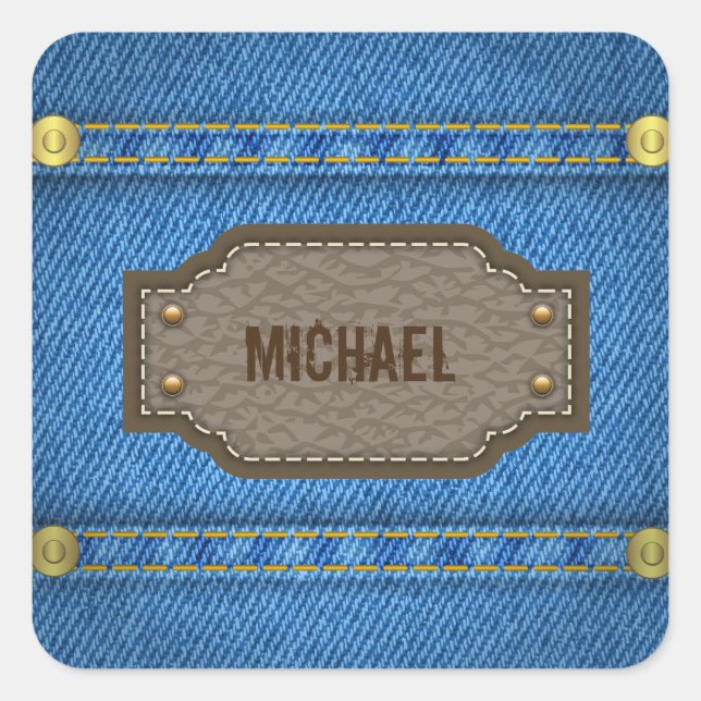 Blue denim jeans with leather name label (Front)