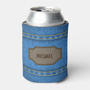 Blue denim jeans with leather name label can cooler