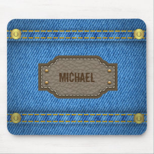 Blue denim jeans with leather name label mouse mat