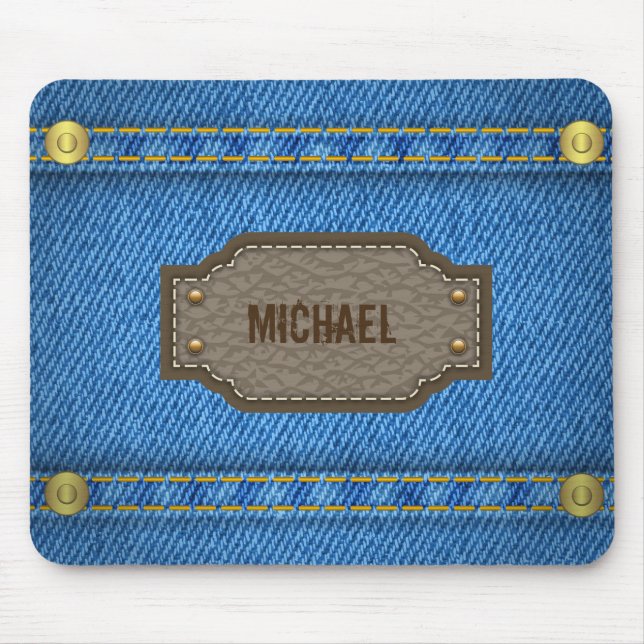 Blue denim jeans with leather name label mouse mat (Front)