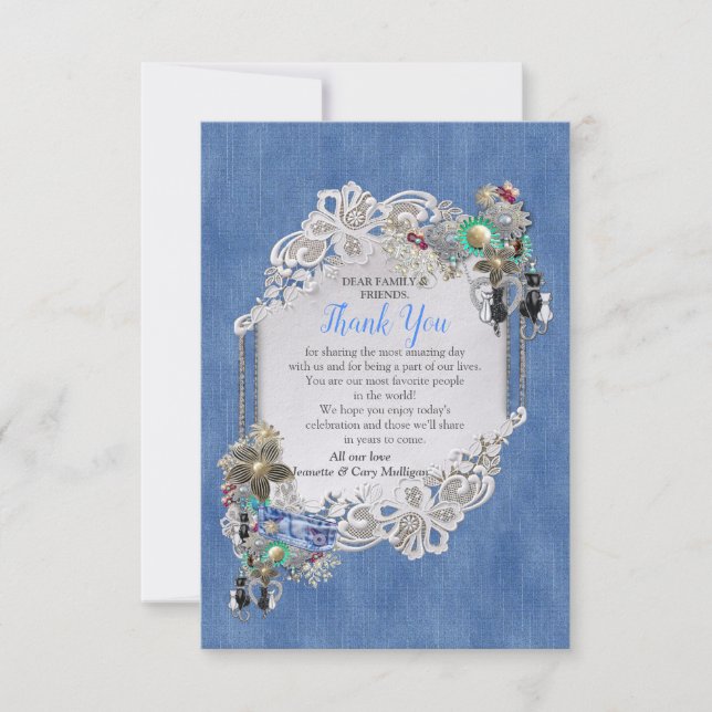 Blue Denim, lace and Costume Jewellery Thank You RSVP Card (Front)