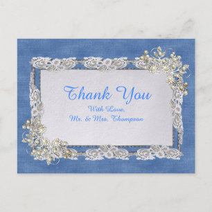 Blue Denim, lace and Ivory Pearls Announcement Postcard