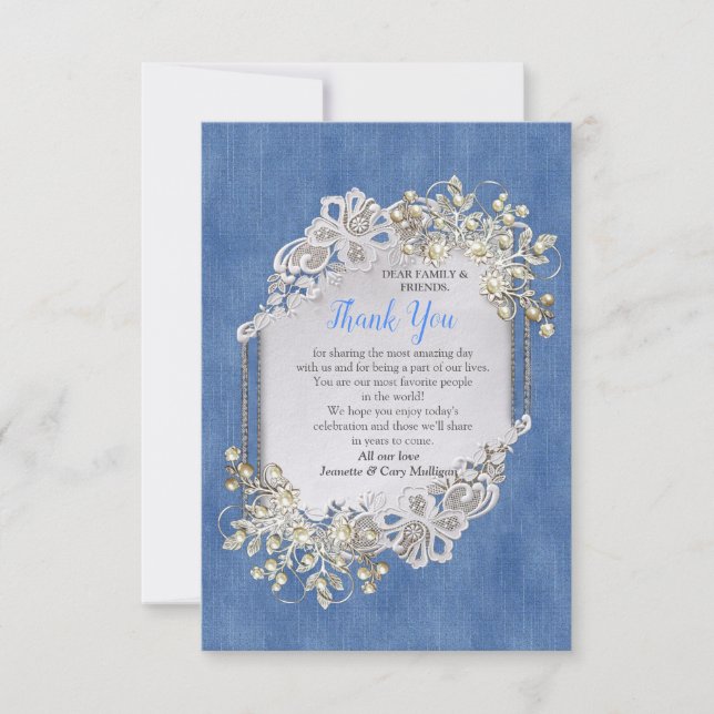 Blue Denim, lace and Ivory Pearls Thank You card (Front)