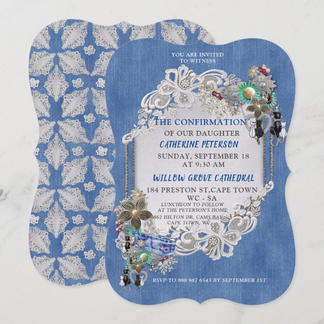 Blue Denim, lace - Costume Jewellery Invitation (Front/Back)