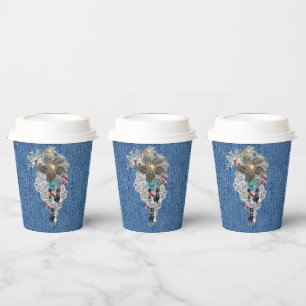 Blue Denim, lace, Costume Jewellery & Kittens Paper Cups