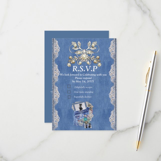 Blue Denim, lace, Costume Jewellery & Kittens RSVP Card (Front/Back In Situ)