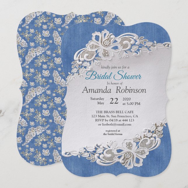 Blue Denim, lace - Ivory Pearls Invitation (Front/Back)