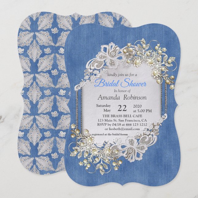 Blue Denim, lace - Ivory Pearls Invitation (Front/Back)
