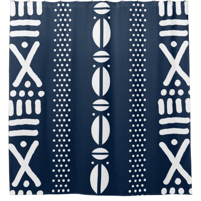 Blue Denim Mud Cloth Style African Shower Curtain (Front)