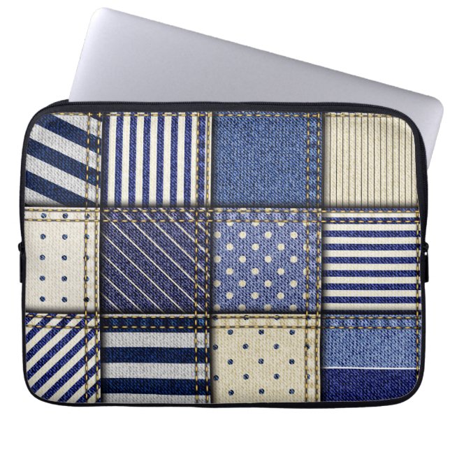 Blue Denim Patchwork Laptop Sleeve (Front)