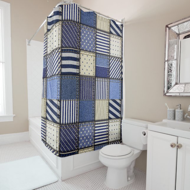Blue Denim Patchwork Shower Curtain (In Situ)