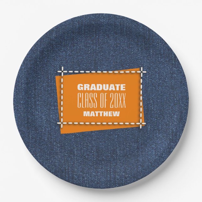 Blue Denim Pattern Graduation Party  Paper Plate (Front)