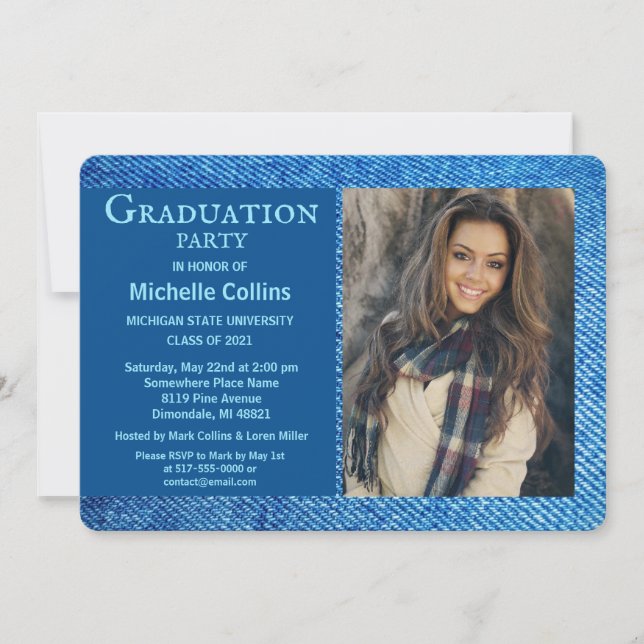Blue Denim Photo Graduation Invitation (Front)