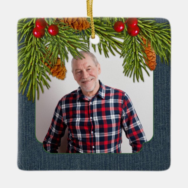 Blue Denim Pine Boughs Memorial Photo Christmas Ceramic Ornament (Front)