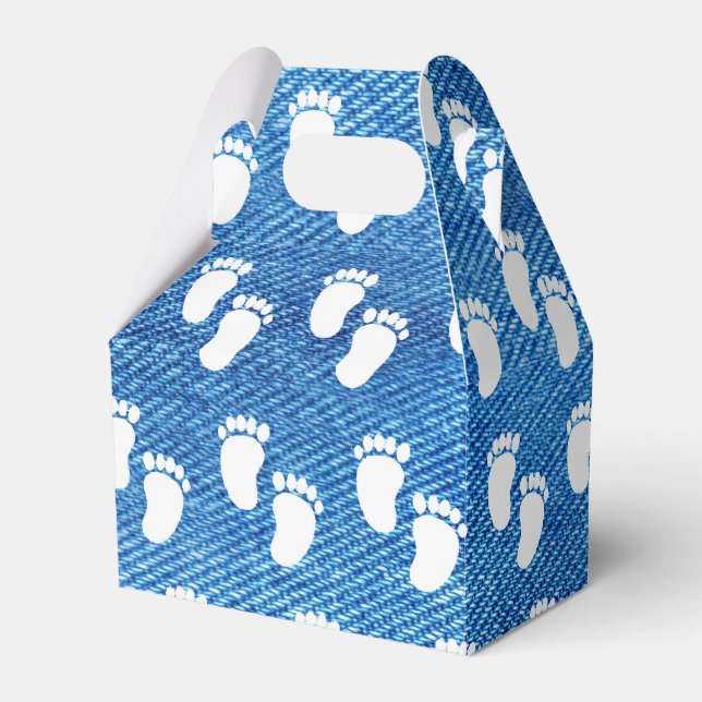 Blue Denim Print Baby Shower Footprint Pattern Favour Box (Front Side)