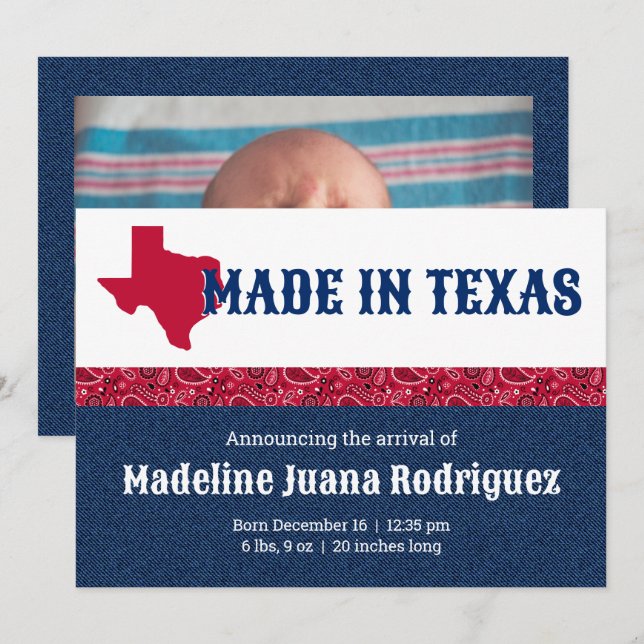 Blue Denim & Red Bandanna Print Texas Baby Announcement (Front/Back)