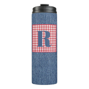 Blue Denim, Red & White Check, Large Initial 12oz Thermal Tumbler