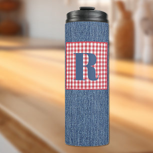 Blue Denim, Red & White Check, Large Initial 12oz Thermal Tumbler