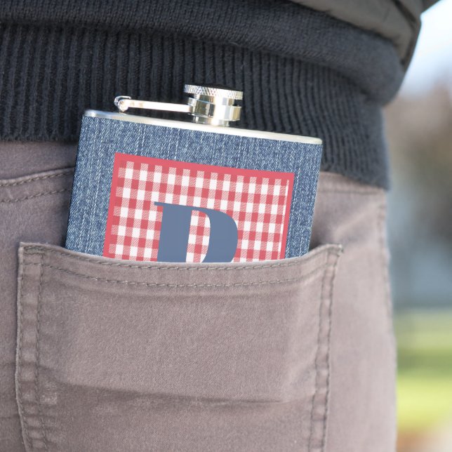 Blue Denim, Red & White Check, Large Initial 6oz Hip Flask (In Situ)