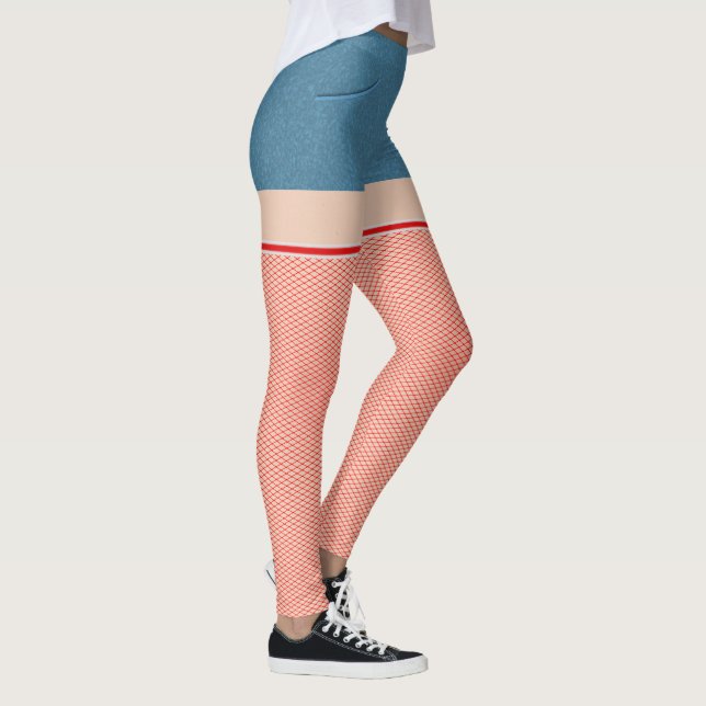 Blue Denim Shorts With Red & White Fishnets Leggings (Right)