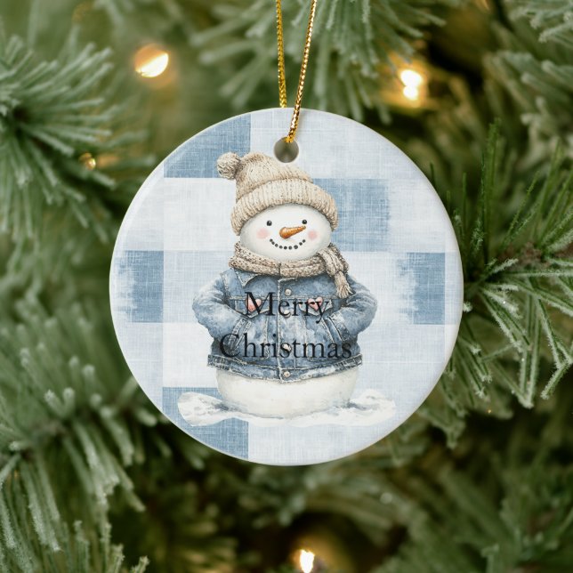 Blue Denim Snowman Christmas Ceramic Tree Decoration (Tree)