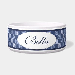 Blue Denim Squares Personalised Ceramic Dog Bowl