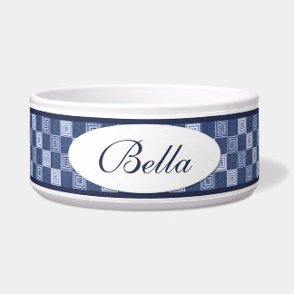 Blue Denim Squares Personalised Ceramic Dog Bowl