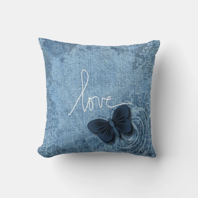 Blue Denim Sweet Butterfly Love Cushion (Front)