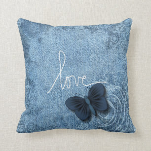 Blue Denim Sweet Butterfly Love Cushion