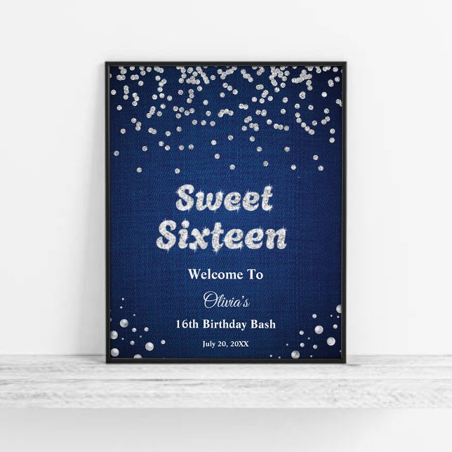 Blue Denim Sweet Sixteen 16th Birthday Welcome  Poster (Blue Denim Sweet Sixteen 16th Birthday Welcome Sign )