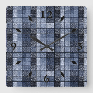 Blue, denim, tartan, plaid . large clock
