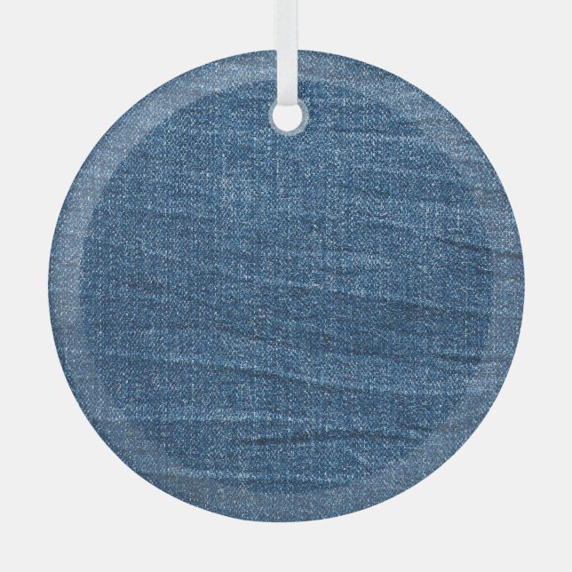Blue Denim Texture: Classic Jeans. Glass Tree Decoration (Front)