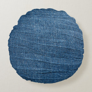 Blue Denim Texture: Classic Jeans. Round Cushion