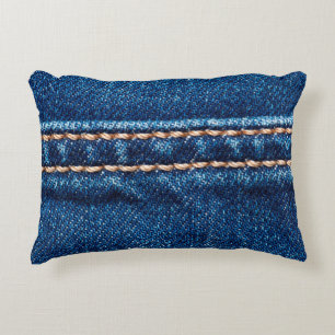 Blue denim texture with stitch line closeup, Jeans Decorative Cushion