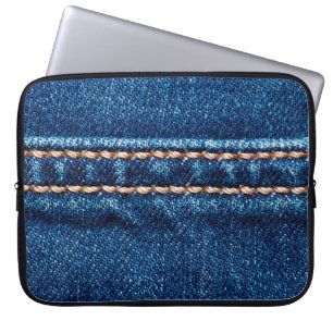 Blue denim texture with stitch line closeup, Jeans Laptop Sleeve