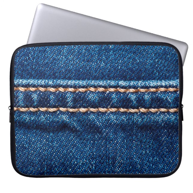 Blue denim texture with stitch line closeup, Jeans Laptop Sleeve (Front)