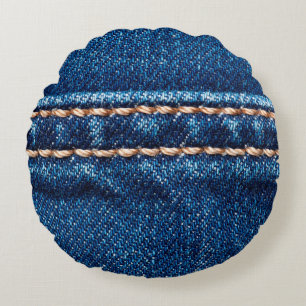 Blue denim texture with stitch line closeup, Jeans Round Cushion