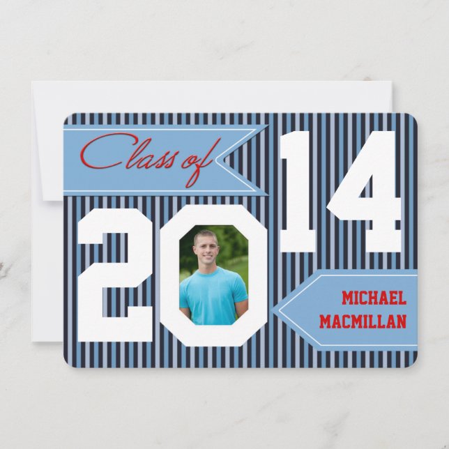 Blue, Denim, White, Red Photo Graduation Invite (Front)