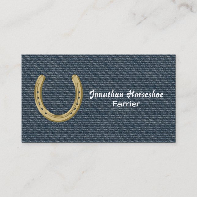 Blue denim with gold horseshoe farrier business card (Front)
