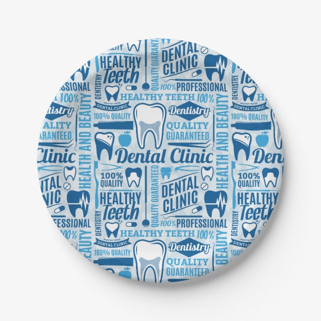 Blue Dental Clinic Pattern Paper Plate (Front)