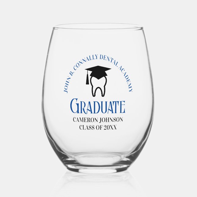 Blue Dental School Custom Dentist Graduation Stemless Wine Glass (Front)