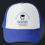 Blue Dental School Custom Dentist Graduation Trucker Hat<br><div class="desc">This custom blue dental school graduation hat keepsake features a tooth wearing a graduation cap for a class of 2025 dentistry graduate. Customise with your graduating year for a great personalised dental hygienist,  orthodontist,  or dentist graduation gift.</div>