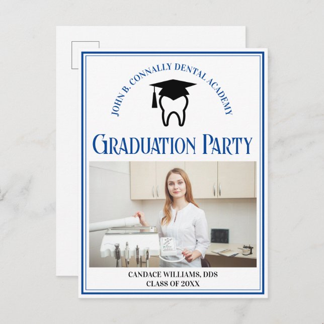 Blue Dental School Photo Custom Graduation Party Invitation Postcard (Front/Back)