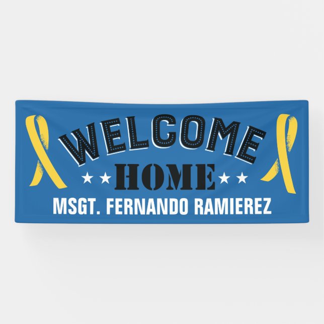 Blue Deployment Welcome Home Name Yellow Ribbons Banner (Horizontal)