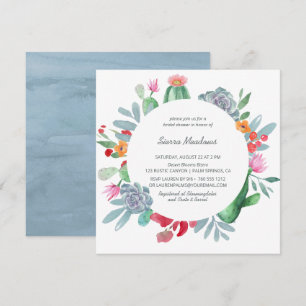 Blue Desert Cactus Flower Wreath Bridal Shower Invitation