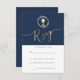 blue design First Communion RSVP card
