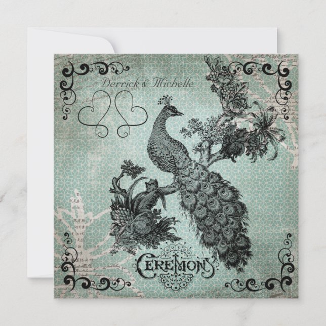 Blue Design Vintage Peacock Wedding Invitation (Front)